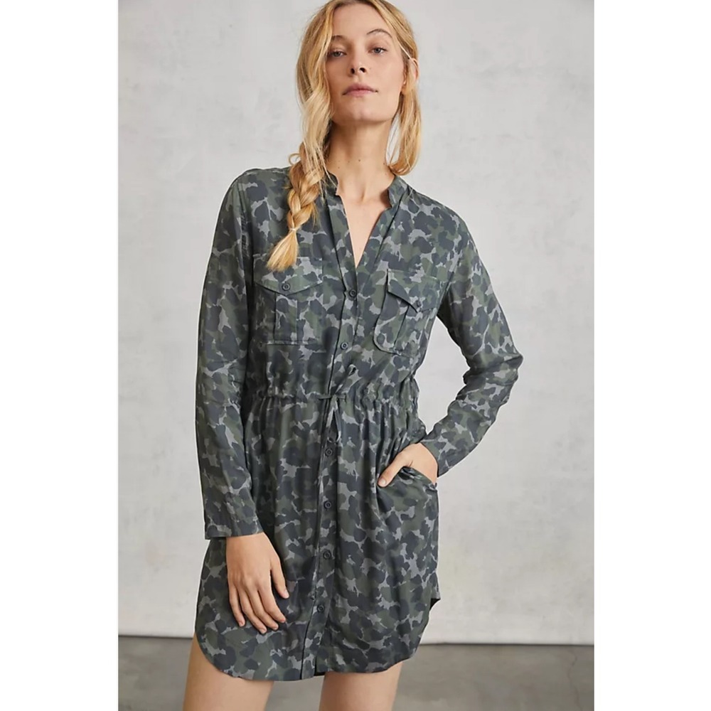 Anthropologie Cloth & Stone Nina Camo Button Front Drawstring Mini Shirt Dress S